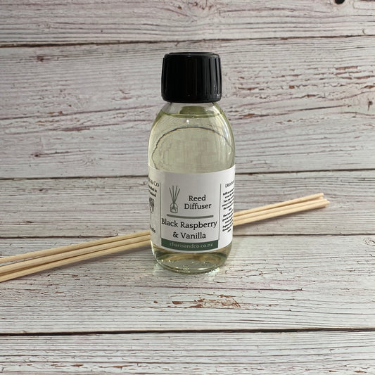 black raspberry and vanilla reed diffuser refill in a bottle