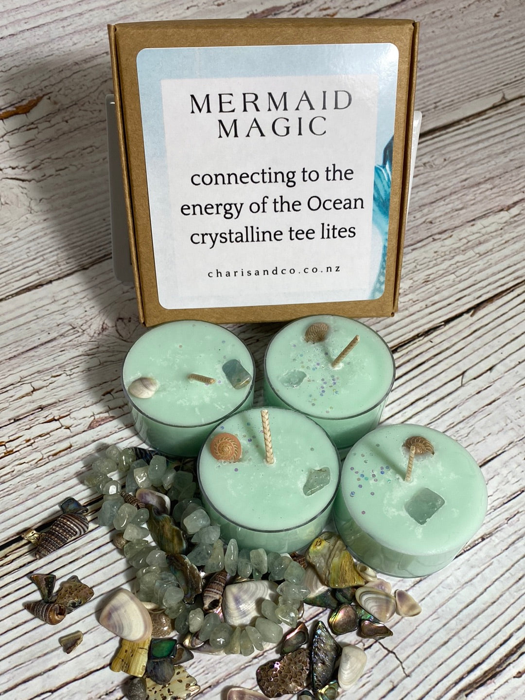 picture shows kraft package with 4 tealights scented with mermaids magic by charis and co