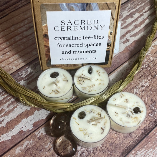 set of 4 tealights for sacred cermony picture shows packagning of a kraft box and smokey quartz crystals