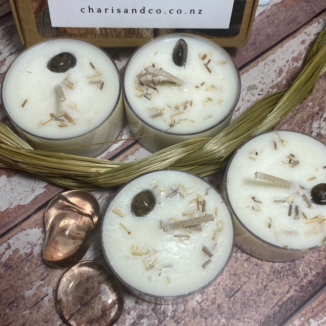 4 sacred ceremony tealights with smokey quartz crystals