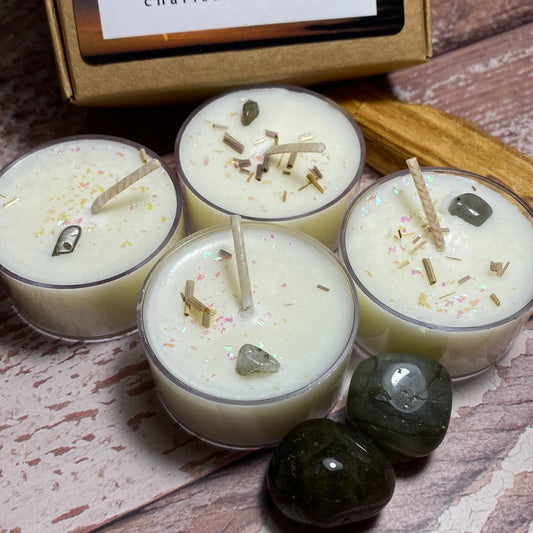 set of 4 new moon manifesting tealights with palo santo wood and labradorite crystals