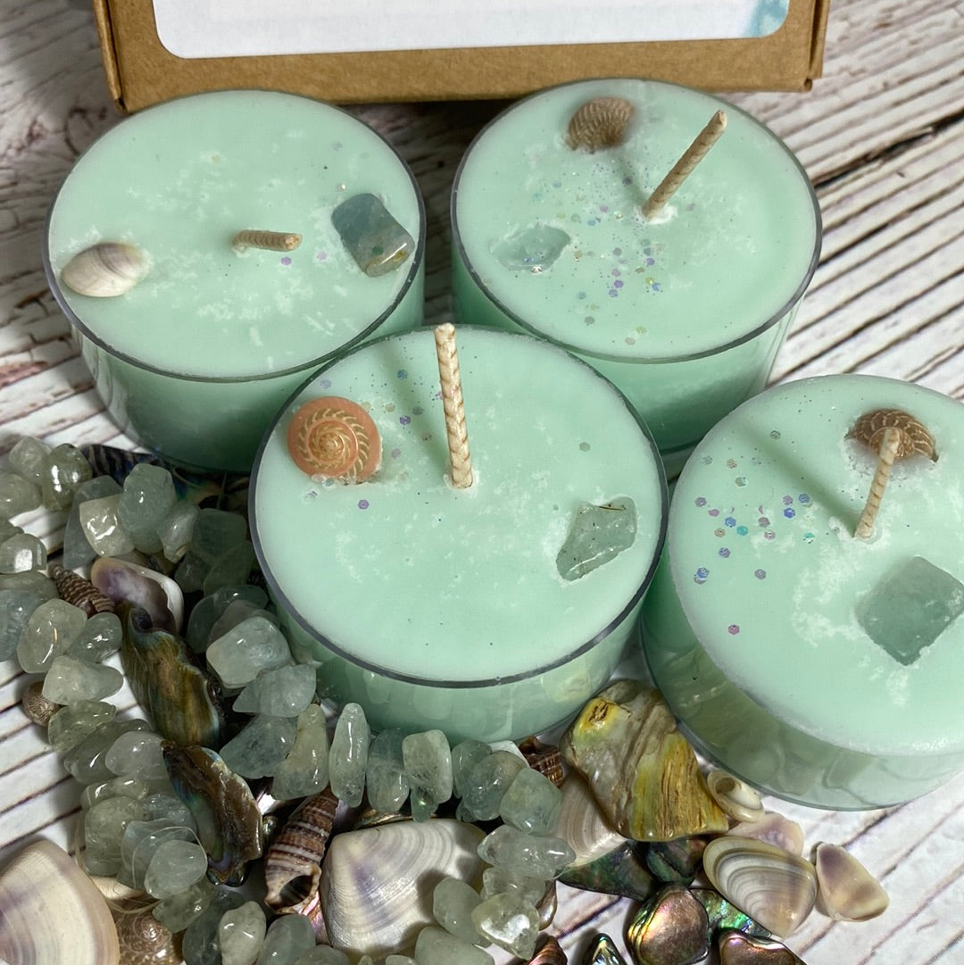 set of 4 mermaid magic crystalline tealights with seashells and aquamarine crystals