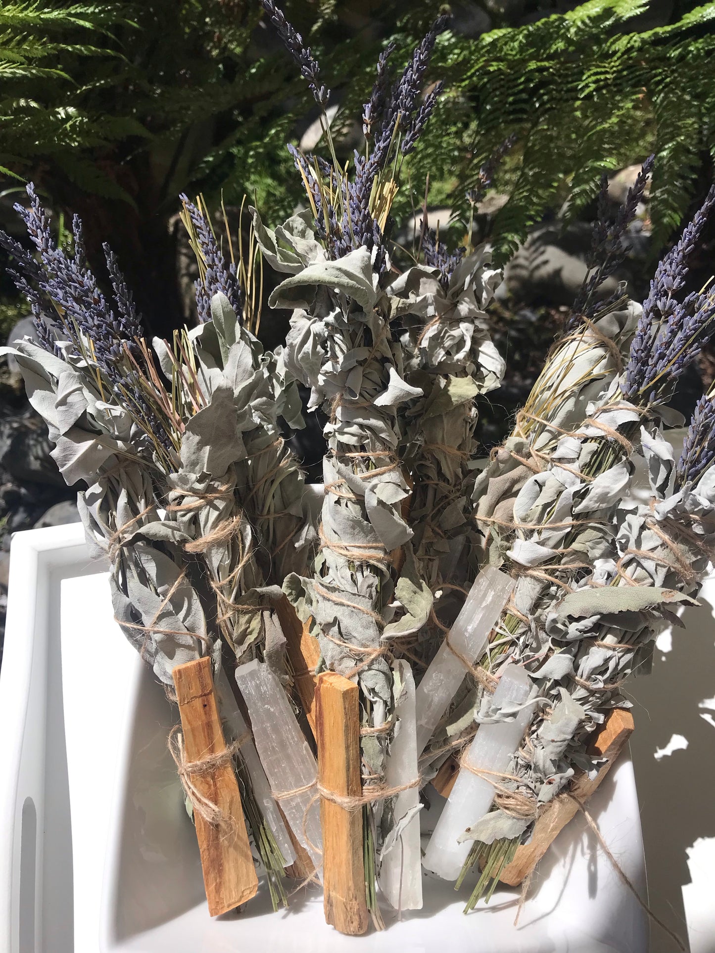 NZ white sage wand with Palo Santo and Selenite