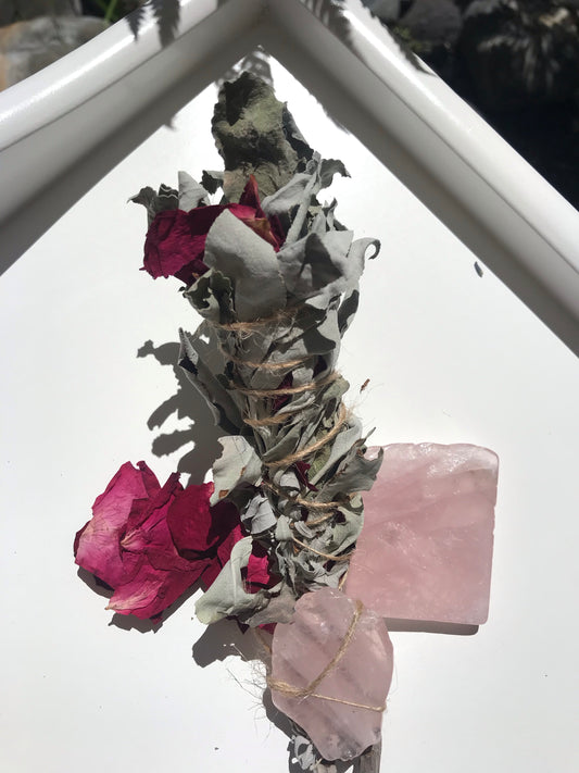 White sage bundle with Rose Quartz crystal